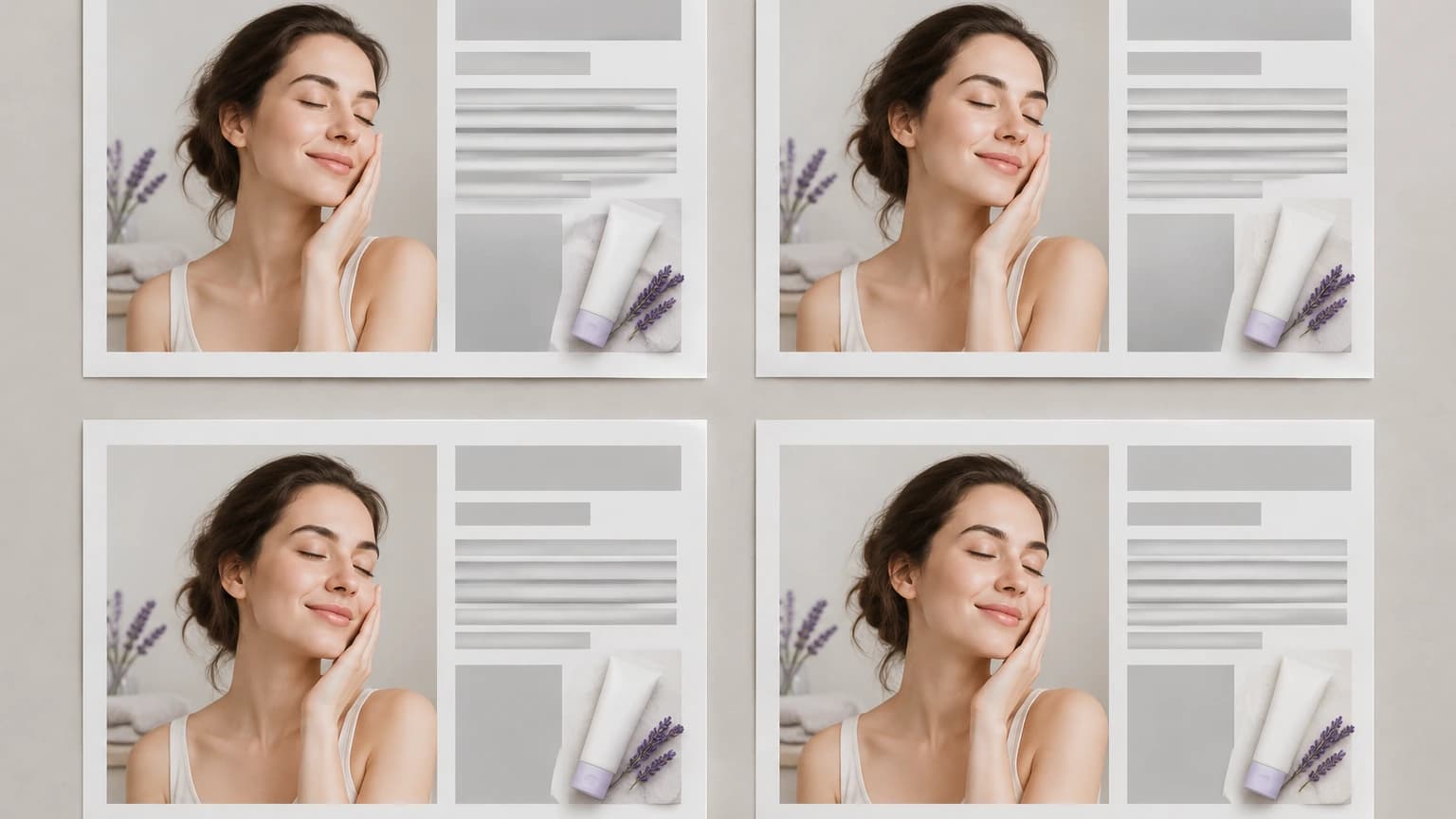 Four template ad layouts with the same fixed arrangement and stock scene