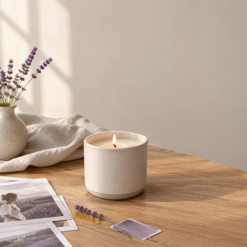 Lifestyle ad scene on an oak table with plain wall space above for copy
