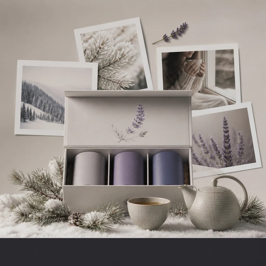 Seasonal ad scene with pine and snow and a dark band at the bottom for an offer