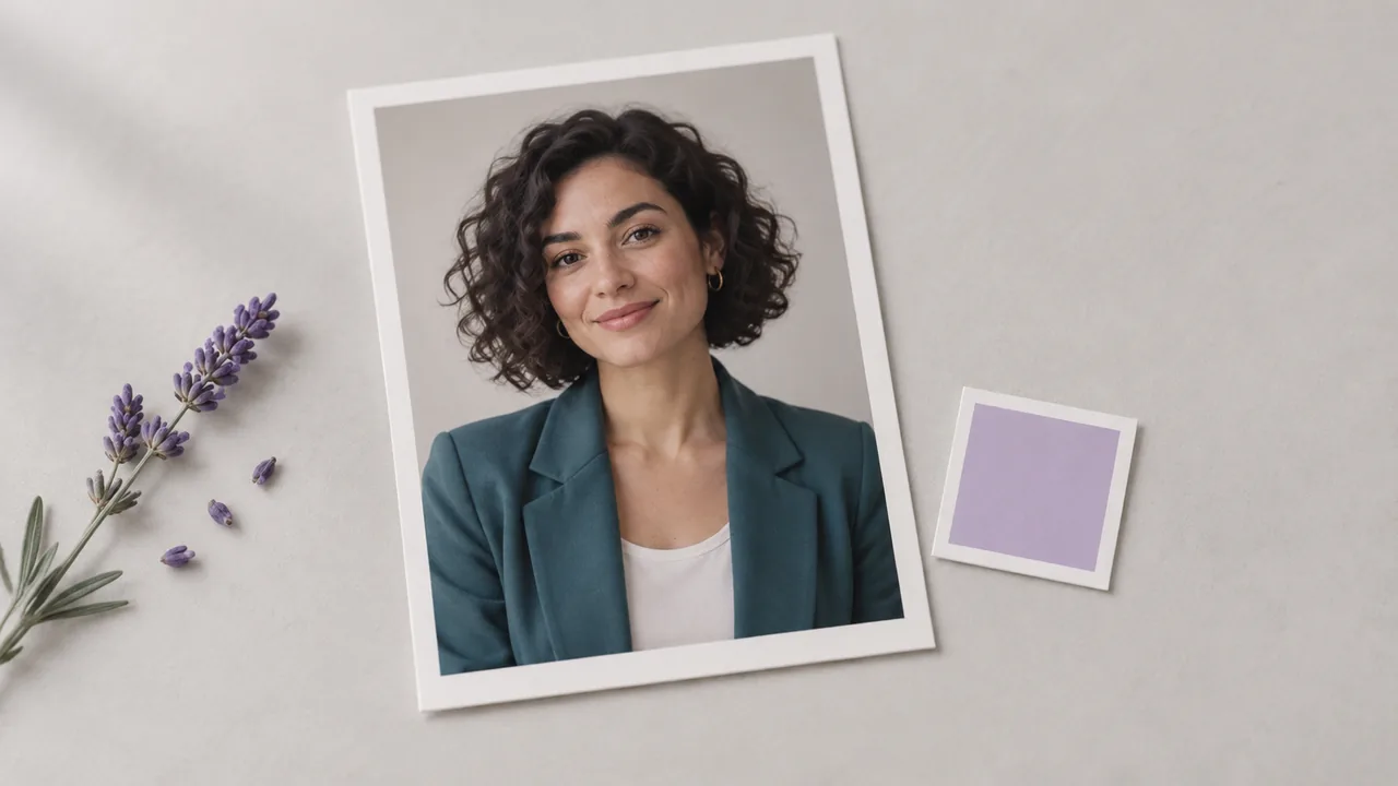 Concept illustration: isolated print depicting a fictional adult woman presenter with a dark curly bob and teal jacket