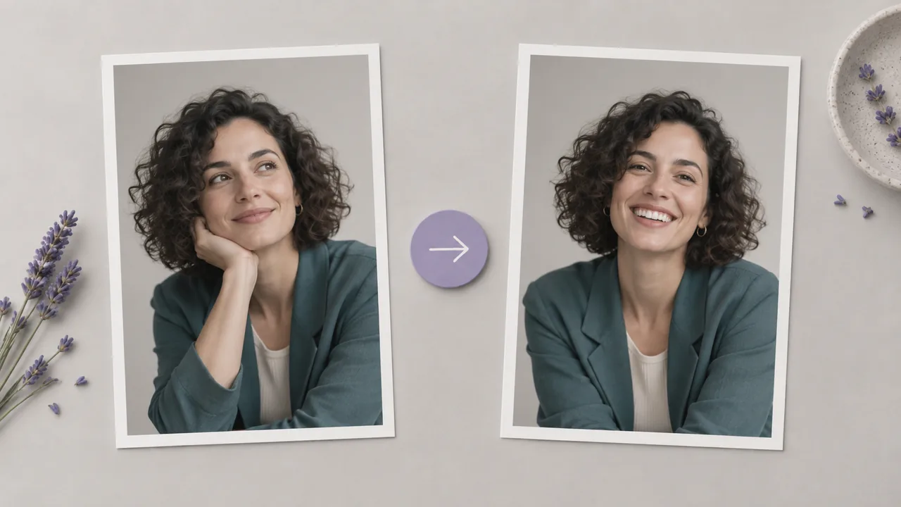 Concept illustration: Two alternate framings of a fictional adult woman presenter with a dark curly bob and teal jacket as prints side by side, a small lavender selection token between them