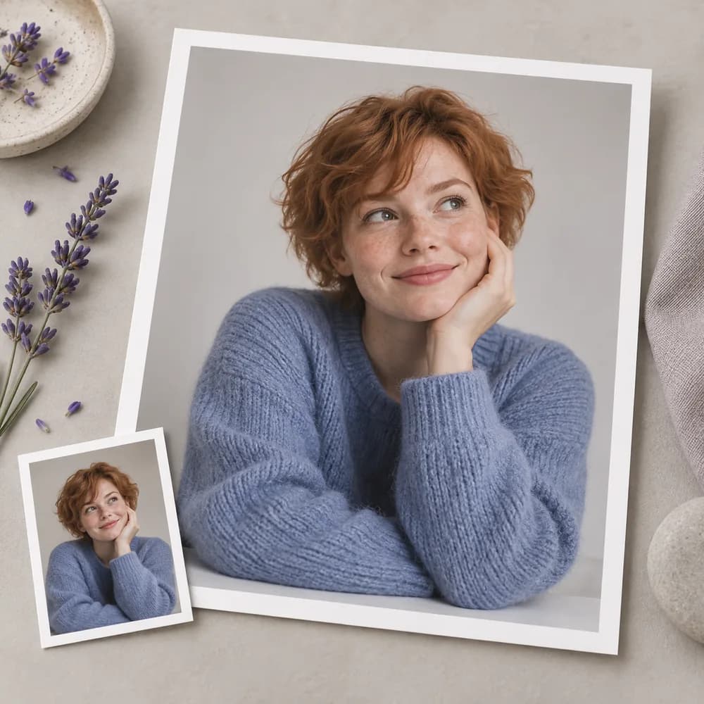 Concept illustration: prominent white-bordered print depicting a stylized original person with short copper hair and blue jumper, a tiny matching source print tucked in one corner, square composition, concrete task example