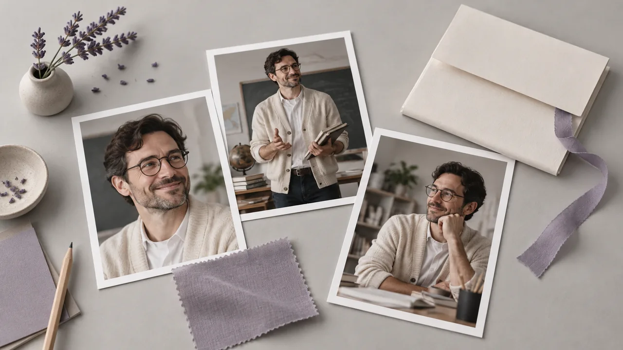 Concept illustration: An editorial still life for use case 2: prints depicting a fictional adult man teacher with round glasses and a cream cardigan, paired with a folded blank brief and soft fabric swatch