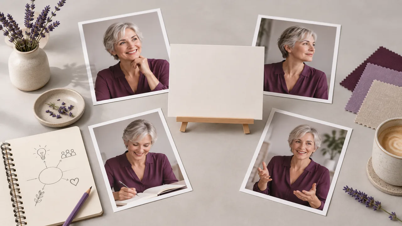 Concept illustration: An editorial still life for use case 3: prints depicting a fictional adult woman host with silver short hair and plum blouse, paired with an empty small presentation board