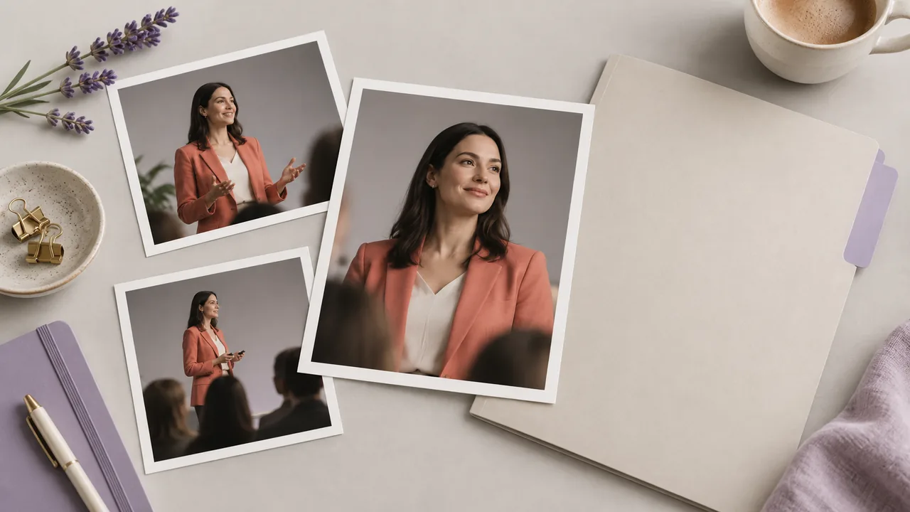 Concept illustration: An editorial still life for use case 6: prints depicting a fictional adult woman speaker with straight dark hair and coral blazer, paired with a plain folder with lavender tab