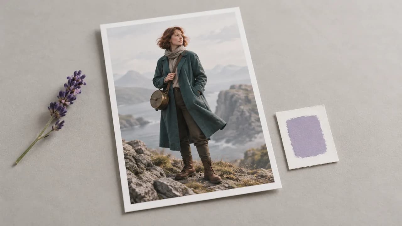 Concept illustration: isolated print depicting an original adult explorer in a teal coat, auburn bob hair, brass round satchel, practical boots
