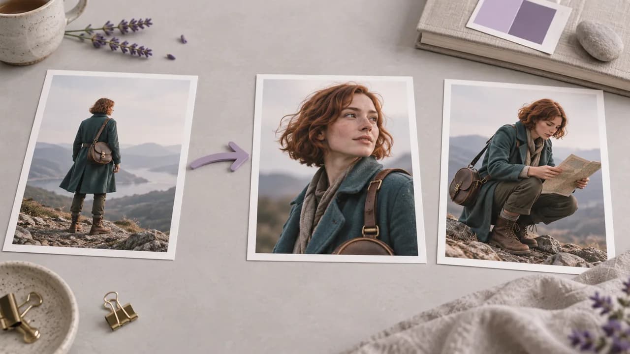Concept illustration: A neatly arranged connected group of three prints depicting an original adult explorer in a teal coat, auburn bob hair, brass round satchel, practical boots from different useful framings