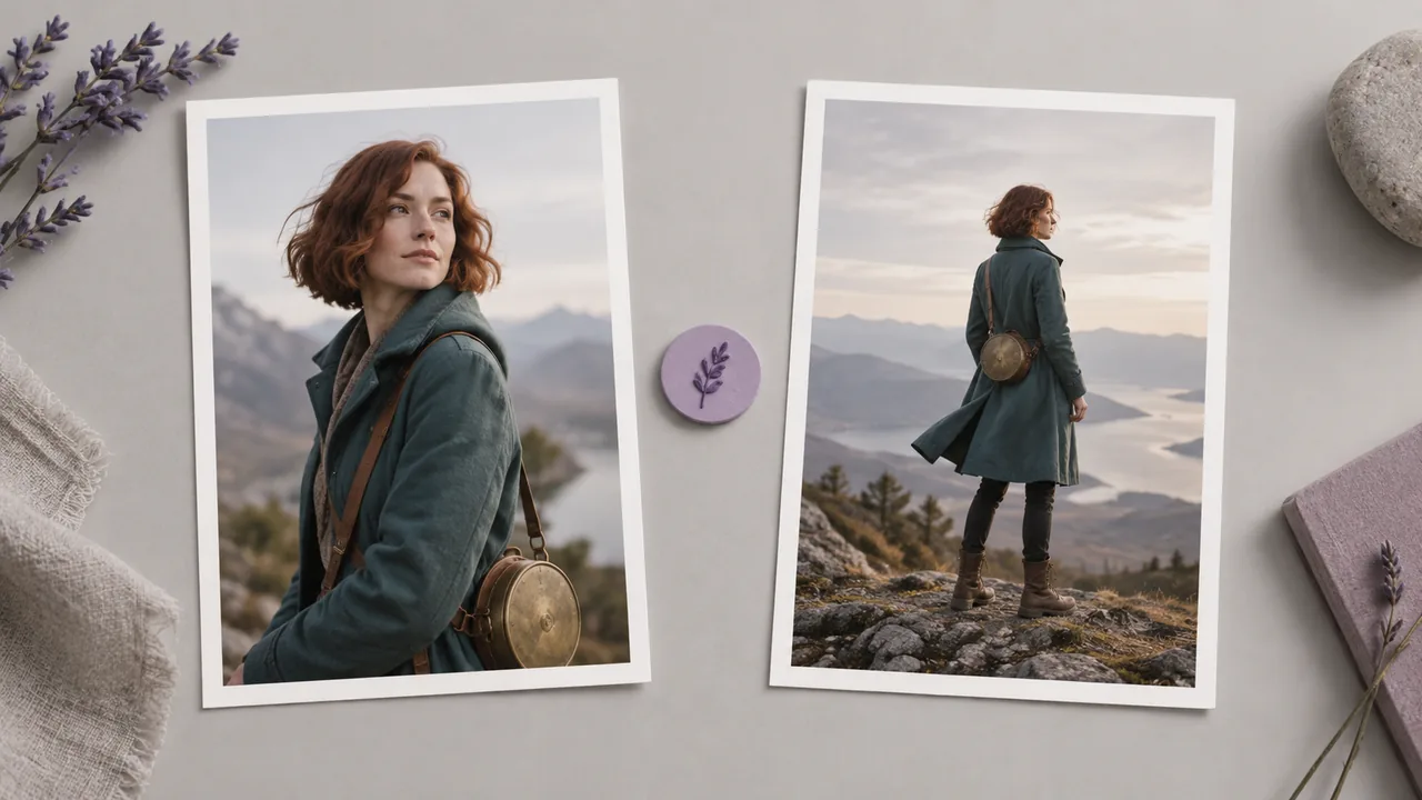 Concept illustration: Two alternate framings of an original adult explorer in a teal coat, auburn bob hair, brass round satchel, practical boots as prints side by side, a small lavender selection token between them