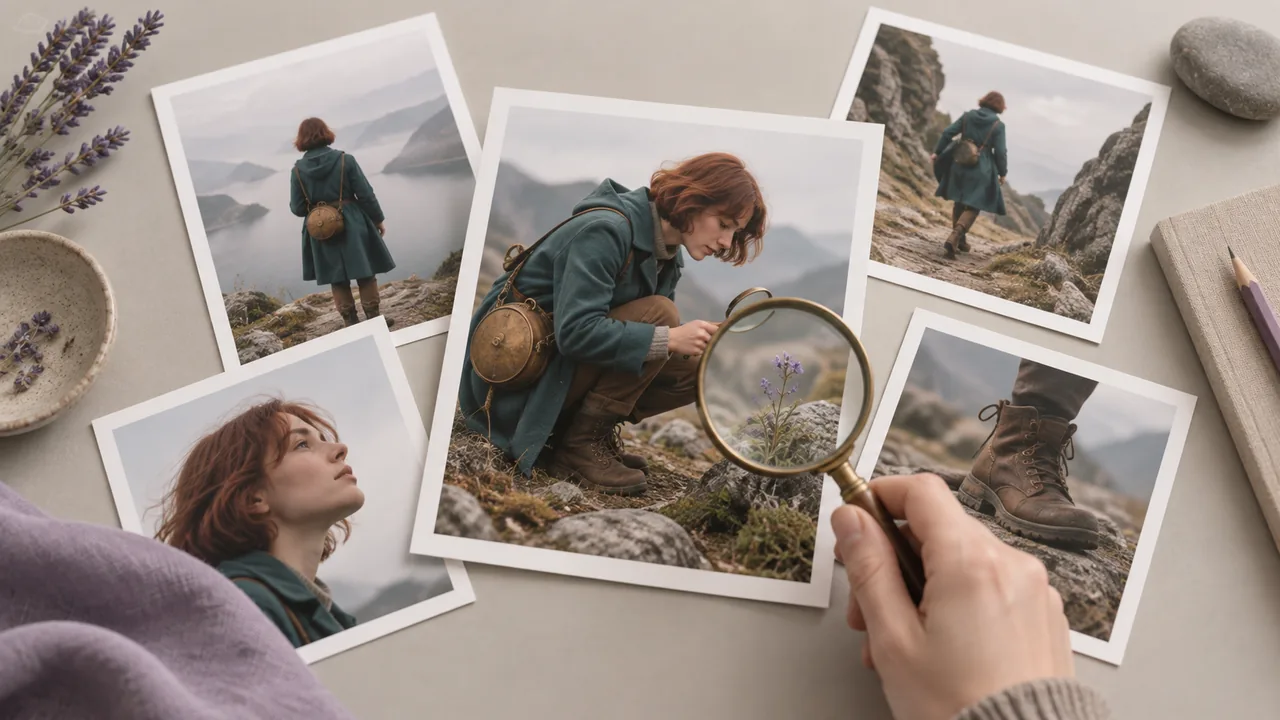 Concept illustration: chosen print of an original adult explorer in a teal coat, auburn bob hair, brass round satchel, practical boots with a magnifying glass over a small detail, review and selection concept