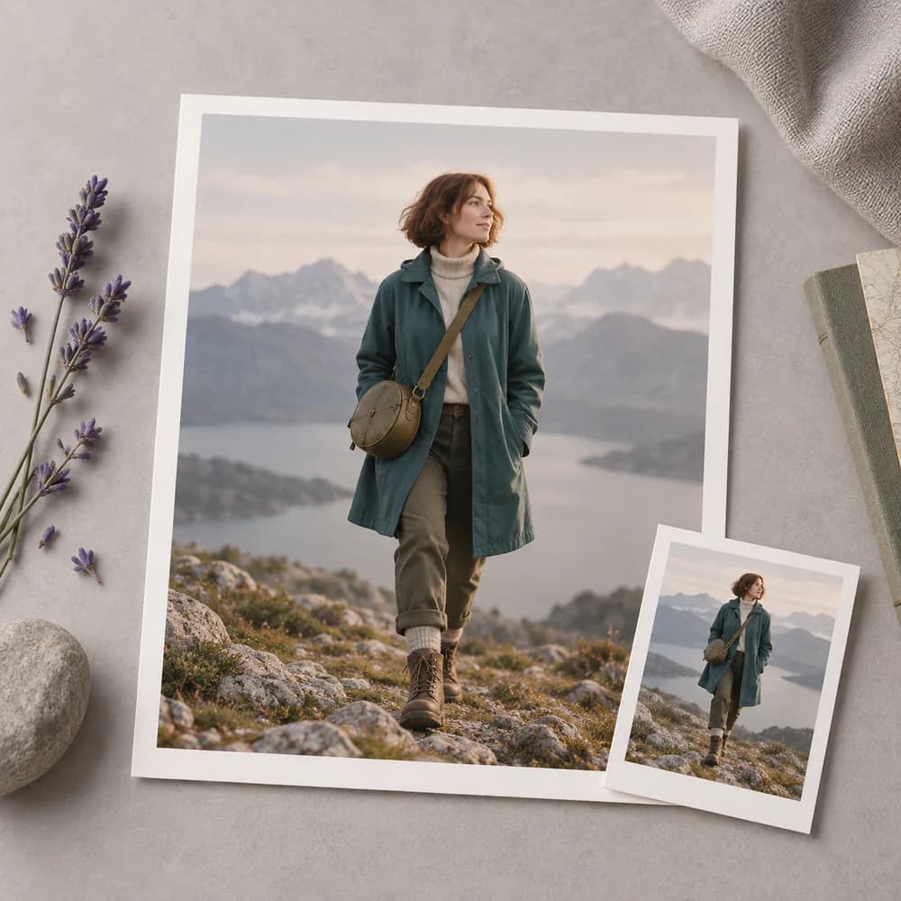 Concept illustration: prominent white-bordered print depicting an original adult explorer in a teal coat, auburn bob hair, brass round satchel, practical boots, a tiny matching source print tucked in one corner, square composition, concrete task example