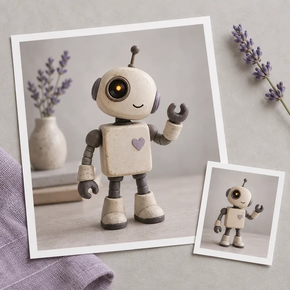 Concept illustration: prominent white-bordered print depicting a friendly original clay robot with round amber eye and square cream torso, a tiny matching source print tucked in one corner, square composition, concrete task example