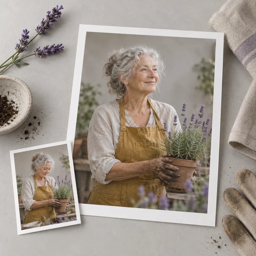 Concept illustration: prominent white-bordered print depicting an original elderly gardener with silver curls and ochre apron, a tiny matching source print tucked in one corner, square composition, concrete task example