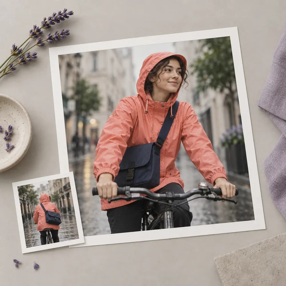 Concept illustration: prominent white-bordered print depicting an original courier in a coral raincoat with navy satchel, a tiny matching source print tucked in one corner, square composition, concrete task example