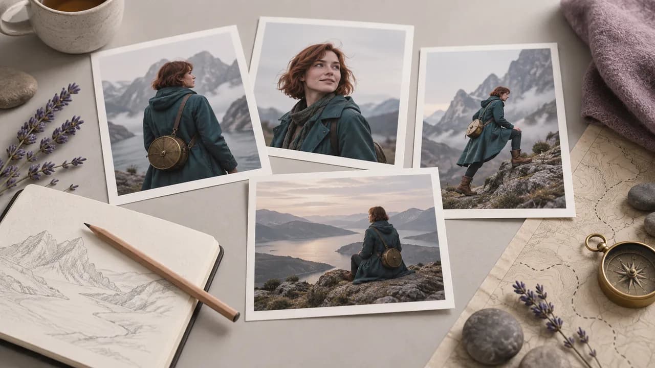 Concept illustration: An editorial still life for use case 1: prints depicting an original adult explorer in a teal coat, auburn bob hair, brass round satchel, practical boots, paired with a plain pencil and unmarked sketchbook