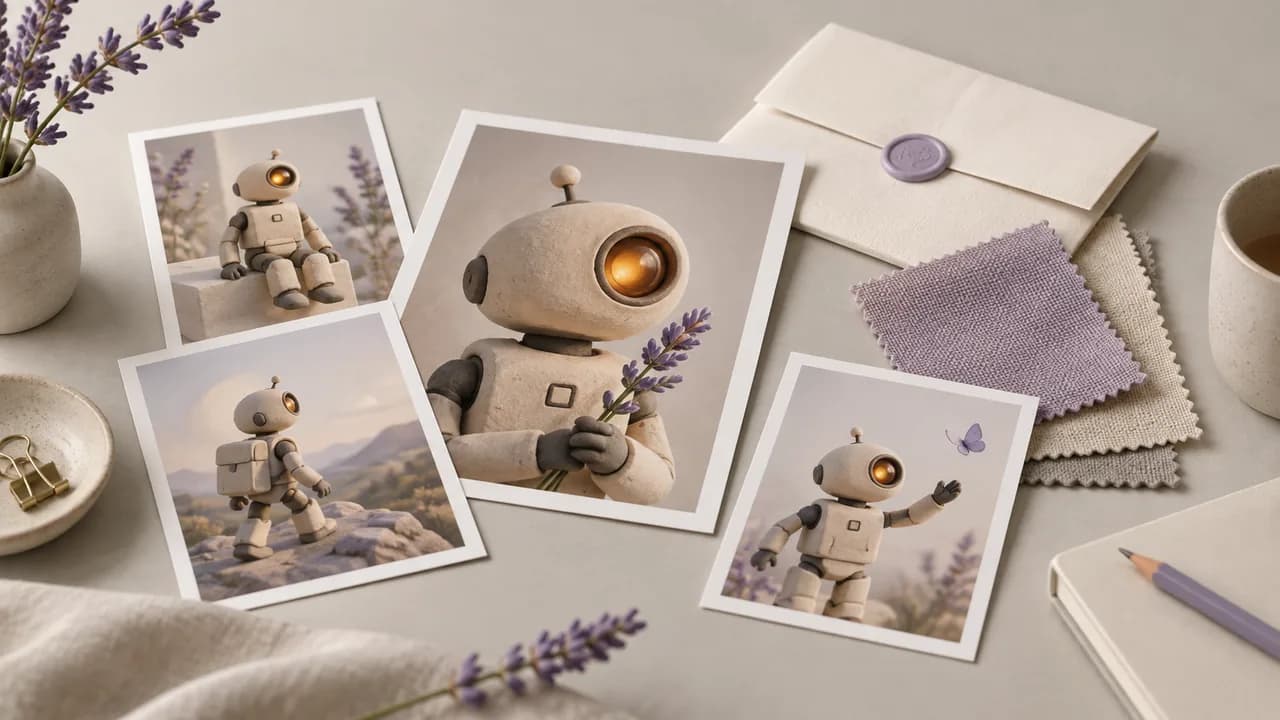 Concept illustration: An editorial still life for use case 2: prints depicting a friendly original clay robot with round amber eye and square cream torso, paired with a folded blank brief and soft fabric swatch