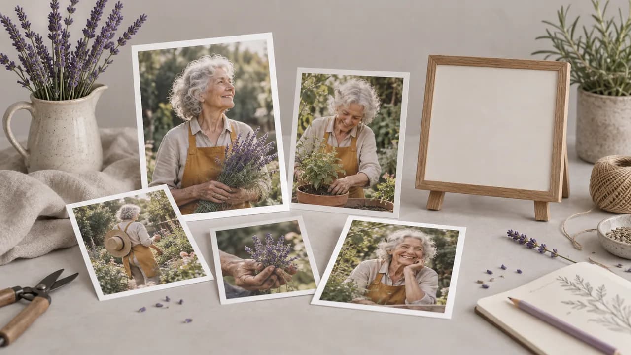 Concept illustration: An editorial still life for use case 3: prints depicting an original elderly gardener with silver curls and ochre apron, paired with an empty small presentation board