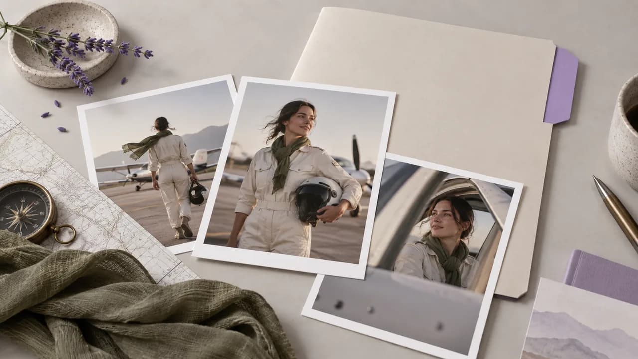 Concept illustration: An editorial still life for use case 6: prints depicting a fictional adult pilot in a cream jumpsuit with olive scarf, paired with a plain folder with lavender tab