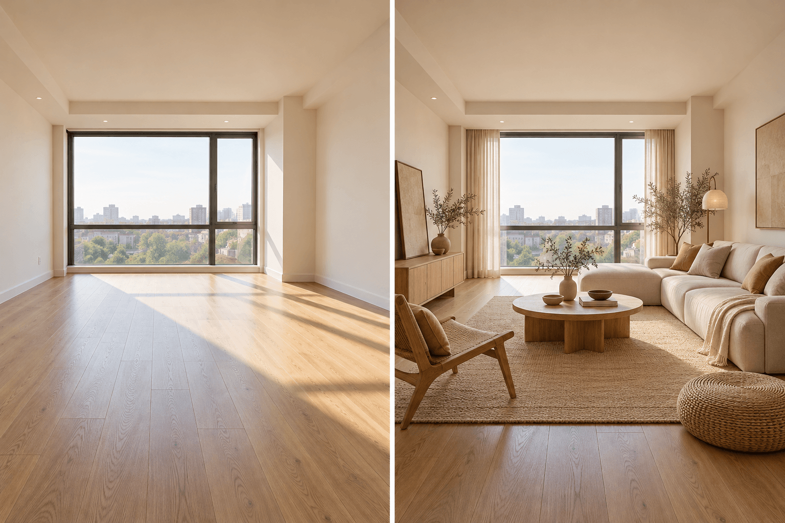 Illustrative before-and-after room concept, not an Astorie-generated result or construction specification