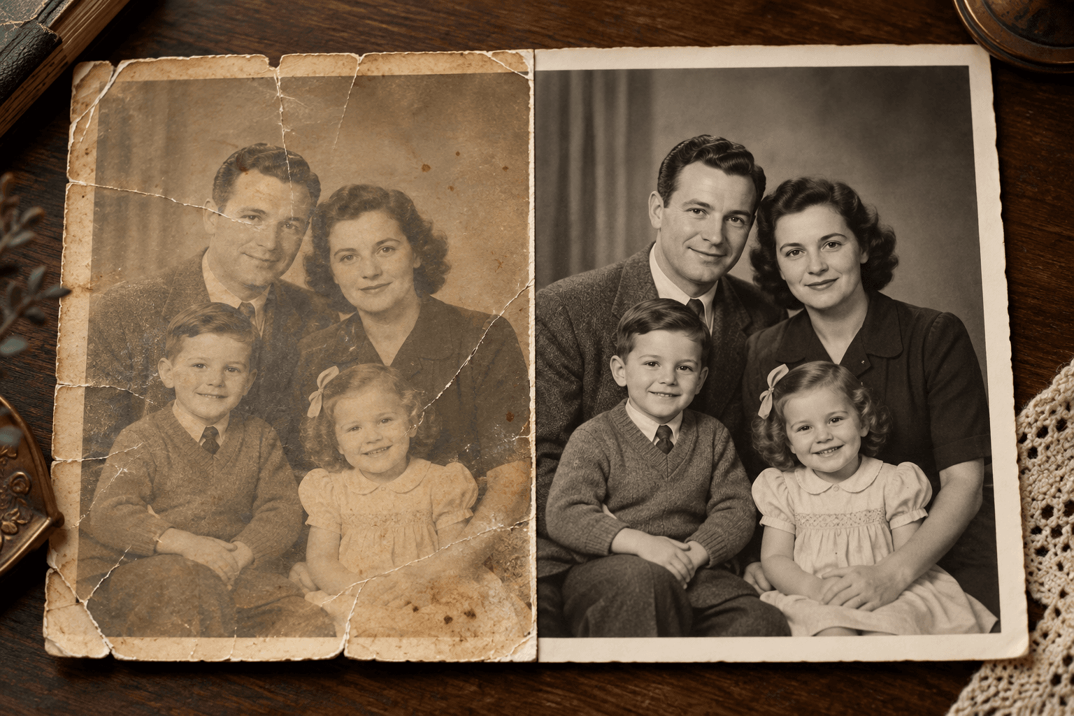 Illustrative before-and-after concept of a fictional family portrait; not an Astorie restoration result