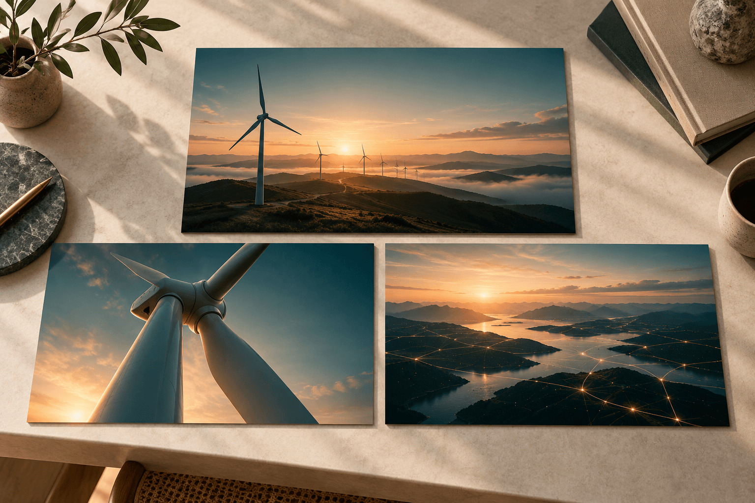 Illustrative cohesive slide imagery concepts for a fictional clean-energy deck; not generated slide outputs