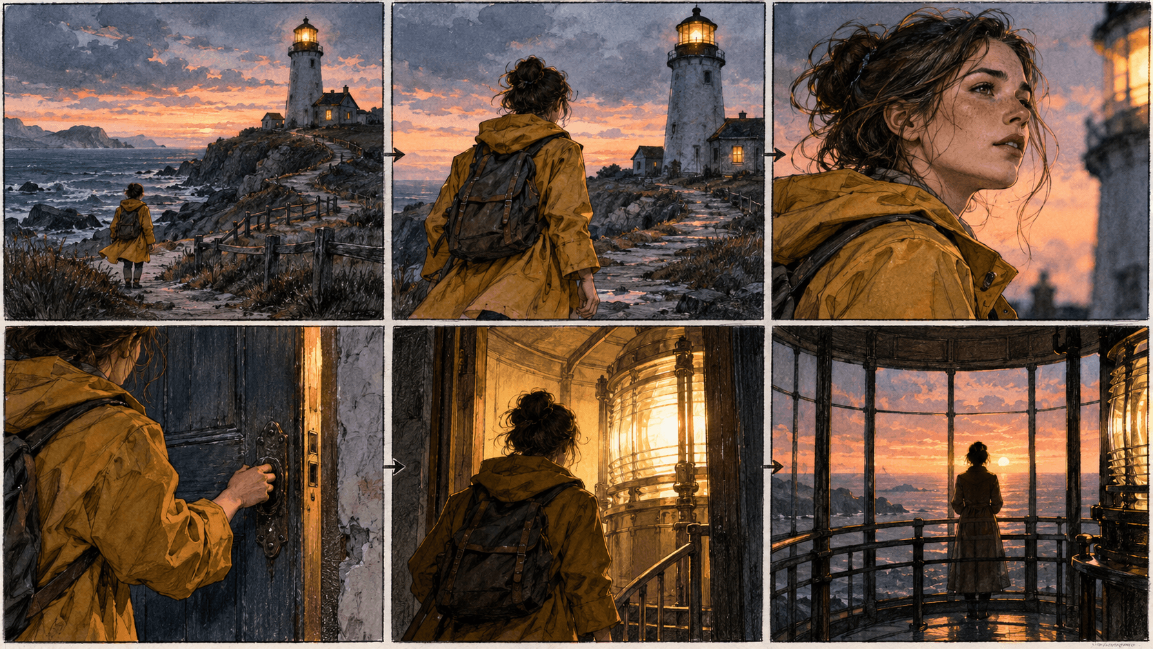 Illustrative six-frame lighthouse storyboard with one fictional character; not an Astorie output.