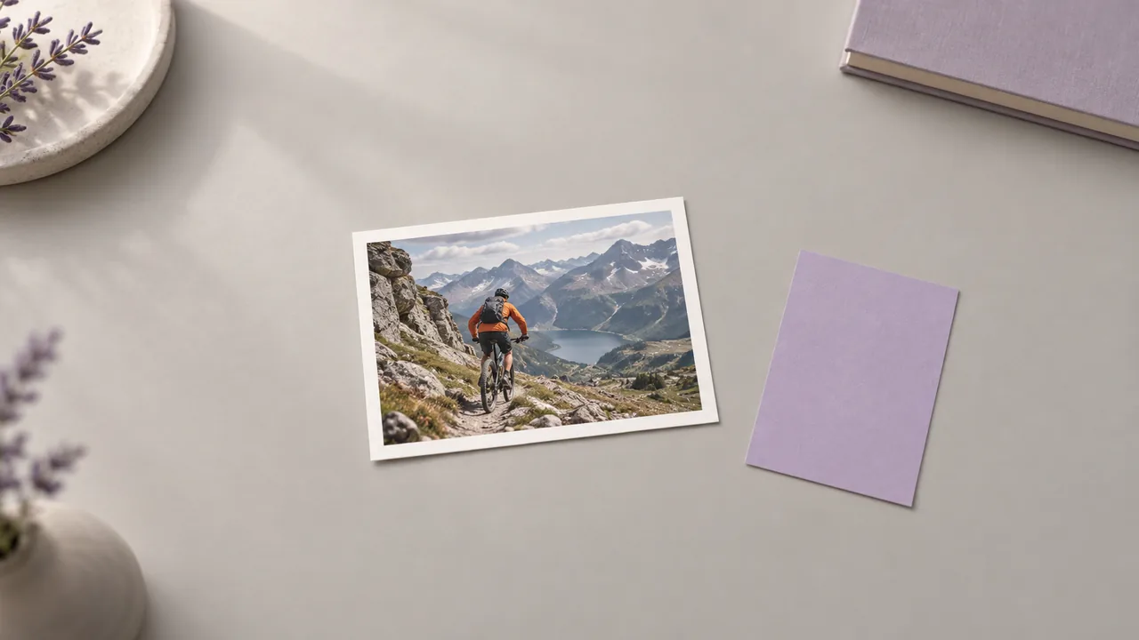 Concept illustration: isolated print depicting a cyclist in an orange jacket on an alpine trail