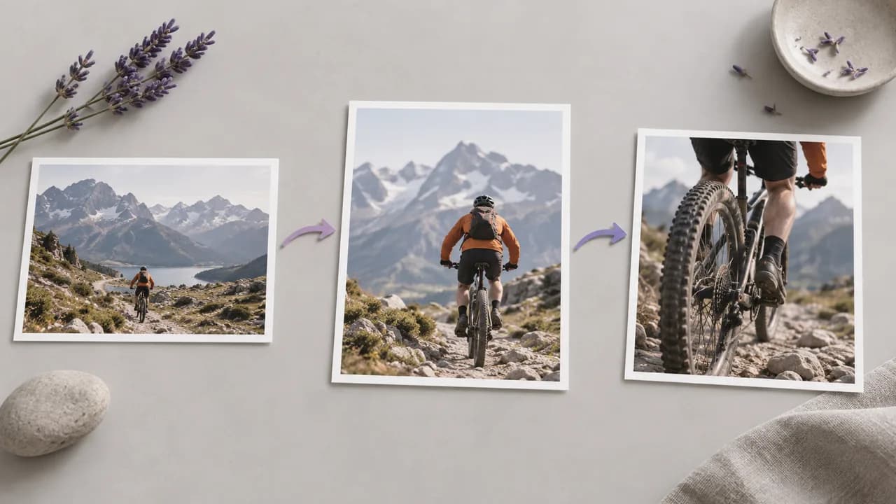 Concept illustration: A neatly arranged connected group of three prints depicting a cyclist in an orange jacket on an alpine trail from different useful framings