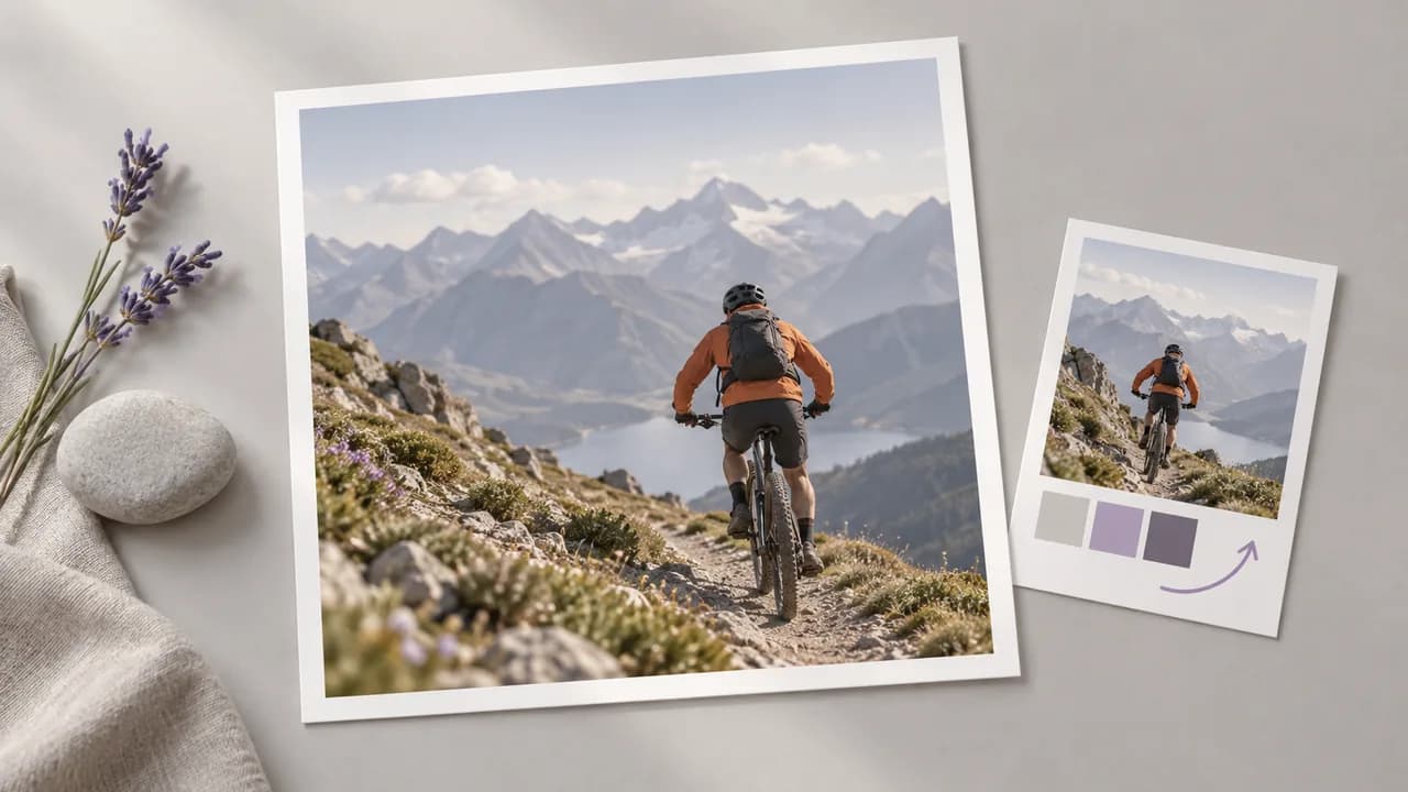 Concept illustration: source print of a cyclist in an orange jacket on an alpine trail, with a small matching reference card beside it
