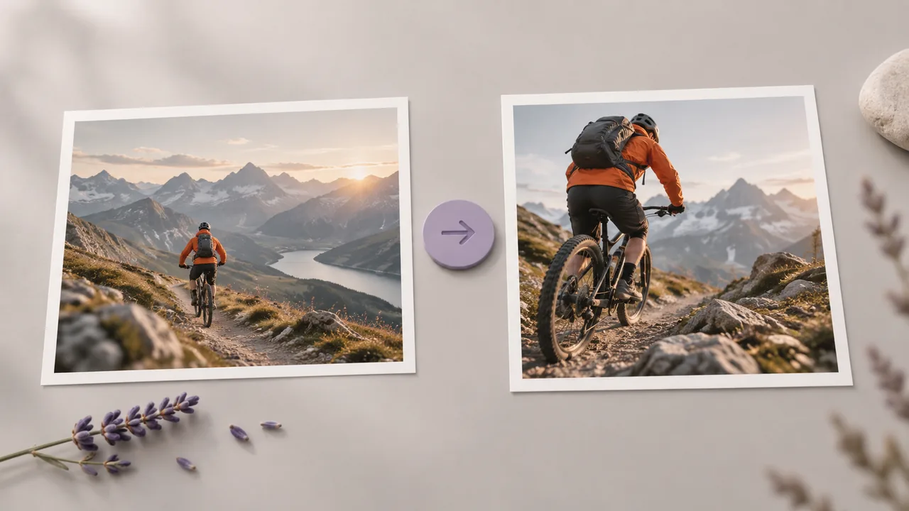 Concept illustration: Two alternate framings of a cyclist in an orange jacket on an alpine trail as prints side by side, a small lavender selection token between them