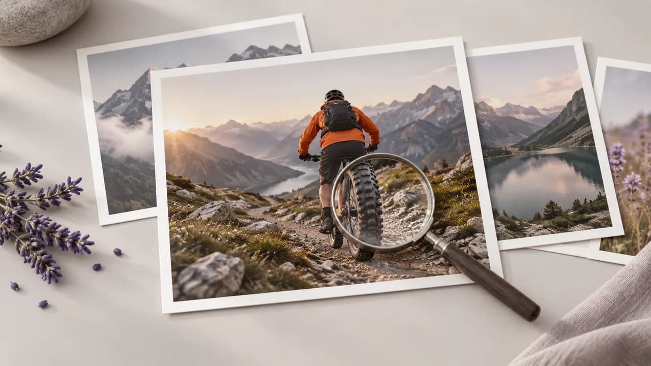 Concept illustration: chosen print of a cyclist in an orange jacket on an alpine trail with a magnifying glass over a small detail, review and selection concept