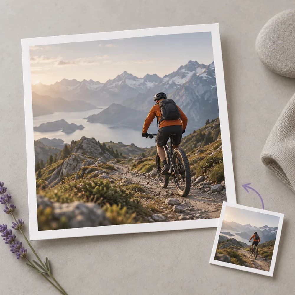 Concept illustration: prominent white-bordered print depicting a cyclist in an orange jacket on an alpine trail, a tiny matching source print tucked in one corner, square composition, concrete task example