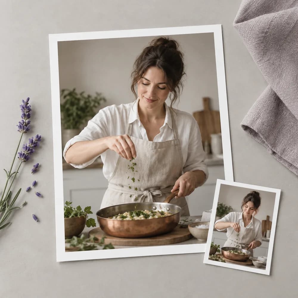 Concept illustration: prominent white-bordered print depicting a cooking instructor with a copper pan, a tiny matching source print tucked in one corner, square composition, concrete task example