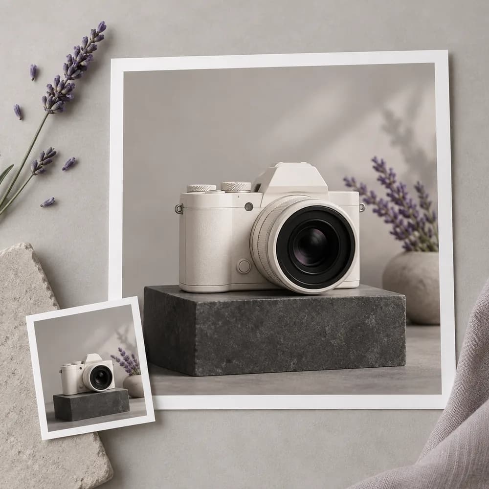 Concept illustration: prominent white-bordered print depicting an unbranded cream camera on a dark plinth, a tiny matching source print tucked in one corner, square composition, concrete task example