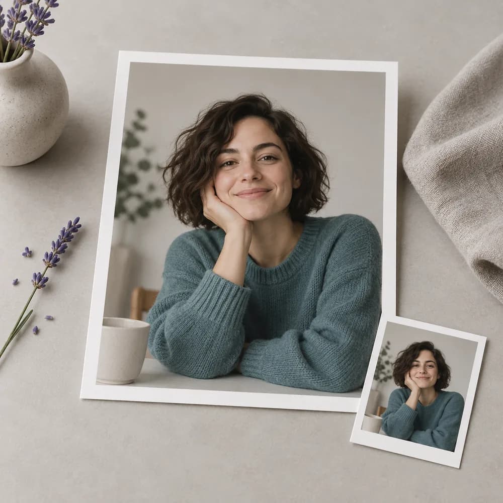Concept illustration: prominent white-bordered print depicting a fictional presenter with short dark hair and a teal sweater, a tiny matching source print tucked in one corner, square composition, concrete task example