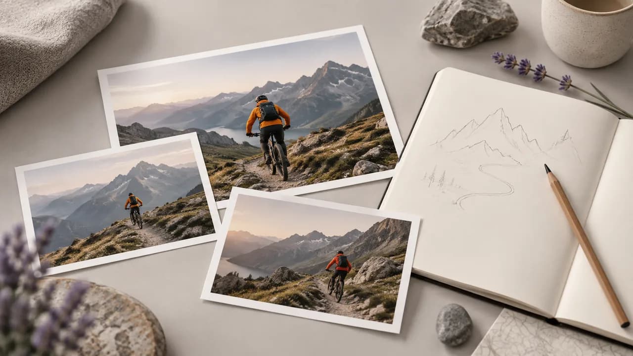 Concept illustration: An editorial still life for use case 1: prints depicting a cyclist in an orange jacket on an alpine trail, paired with a plain pencil and unmarked sketchbook