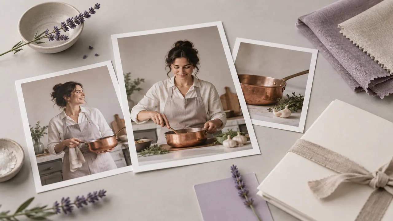 Concept illustration: An editorial still life for use case 2: prints depicting a cooking instructor with a copper pan, paired with a folded blank brief and soft fabric swatch