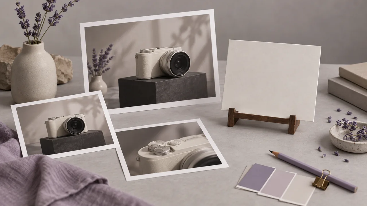 Concept illustration: An editorial still life for use case 3: prints depicting an unbranded cream camera on a dark plinth, paired with an empty small presentation board