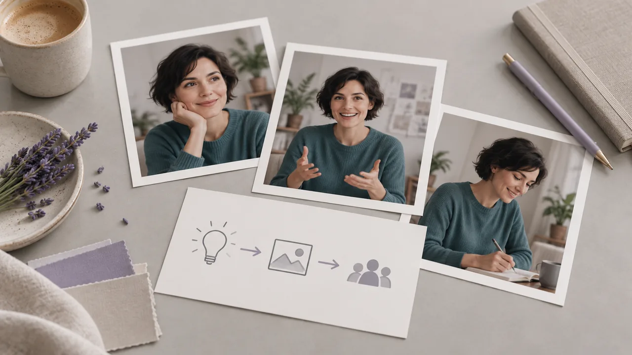 Concept illustration: An editorial still life for use case 4: prints depicting a fictional presenter with short dark hair and a teal sweater, paired with a simple unmarked story card