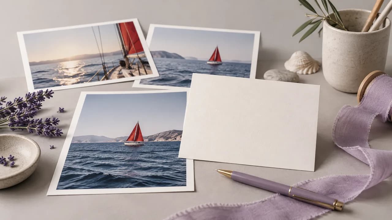 Concept illustration: An editorial still life for use case 5: prints depicting a small red sailboat on a blue sea, paired with a blank invitation card