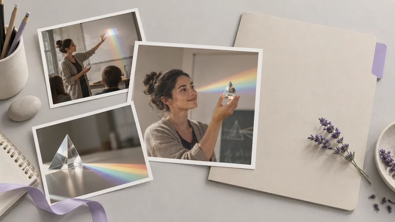 Concept illustration: An editorial still life for use case 6: prints depicting a science teacher with a glass prism, paired with a plain folder with lavender tab