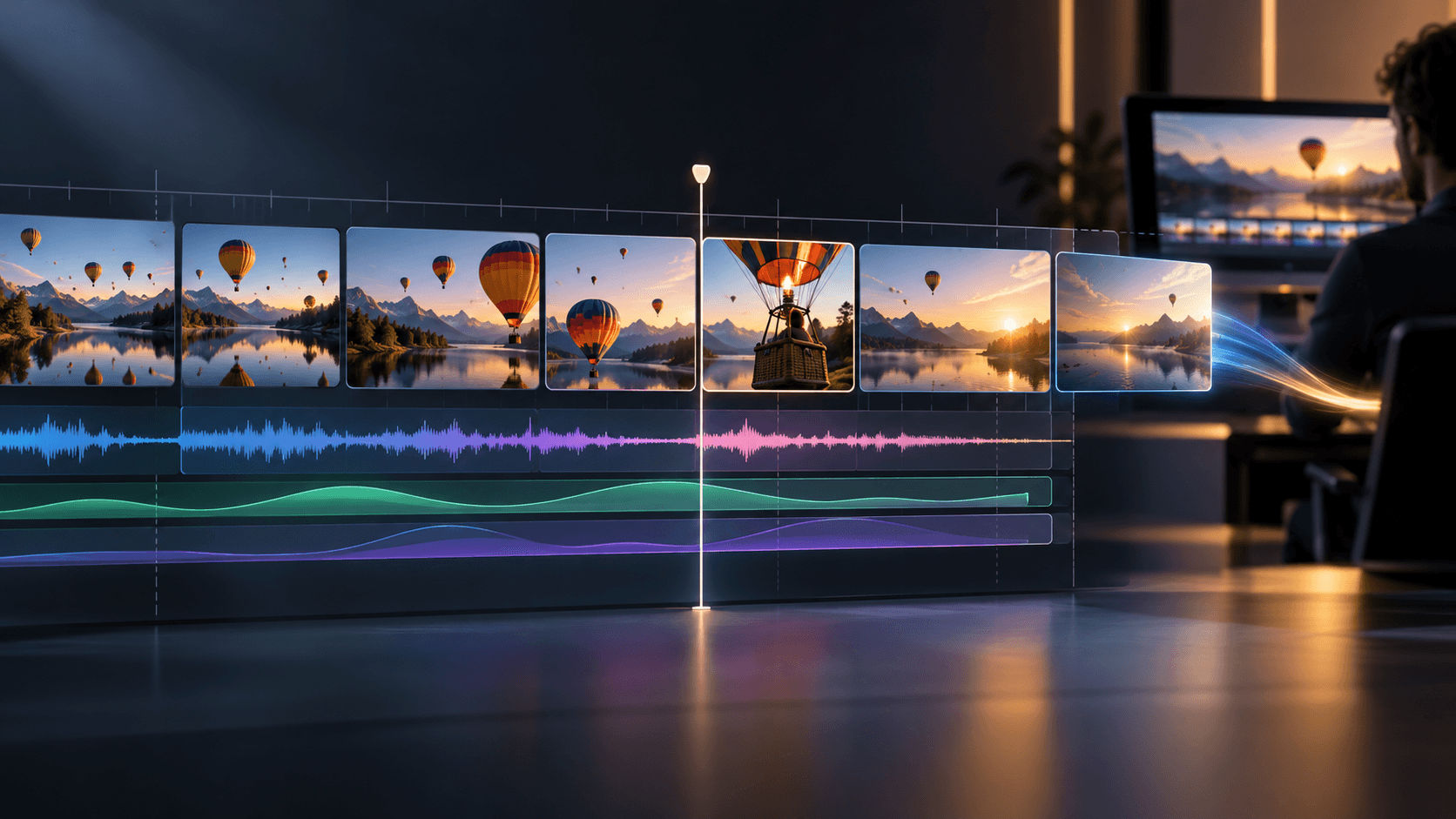 Illustrative editing timeline with balloon shots and audio tracks; not a software screenshot or verified export.