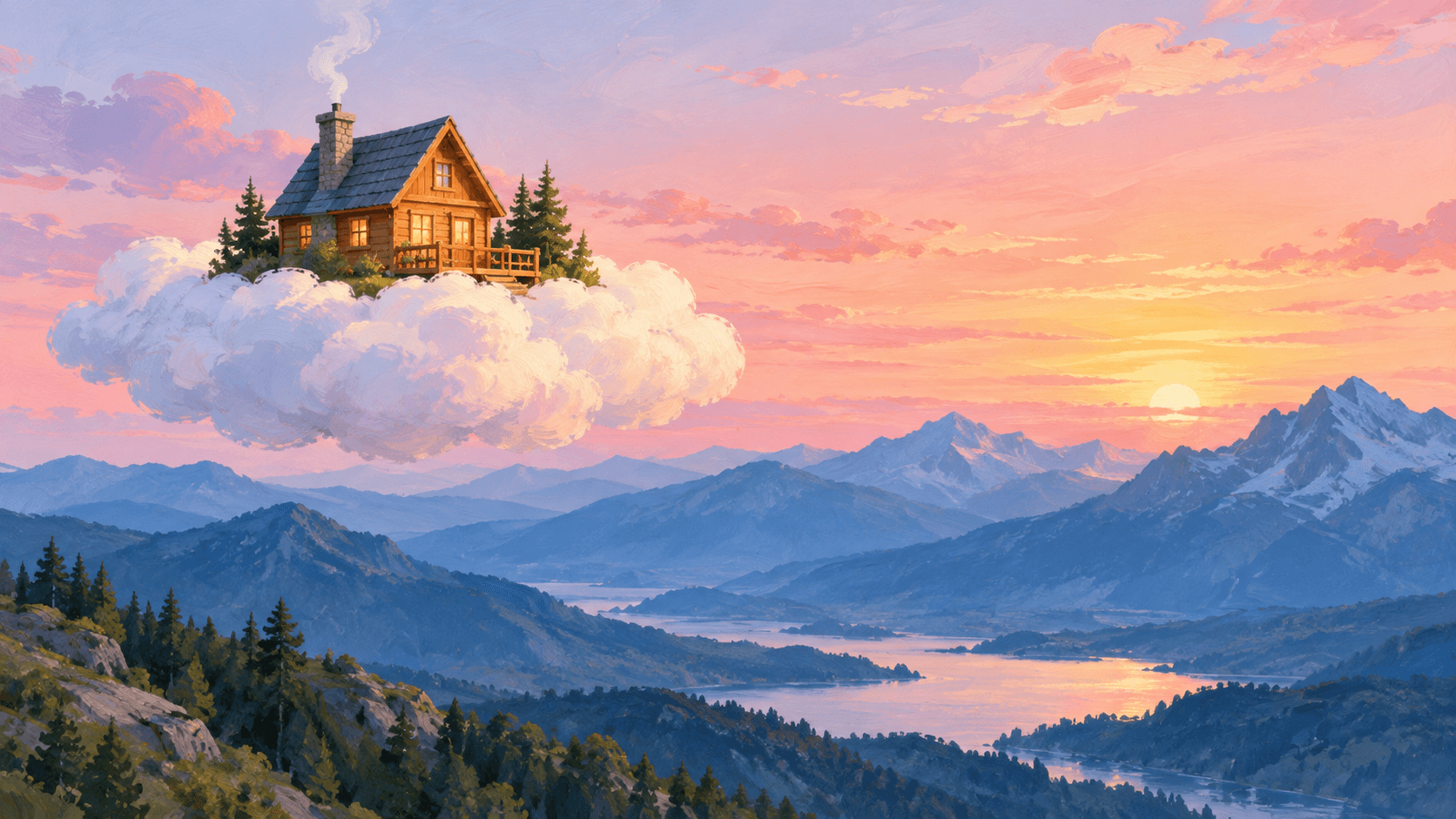 Surreal painted blend concept combining cabin and cloud motifs