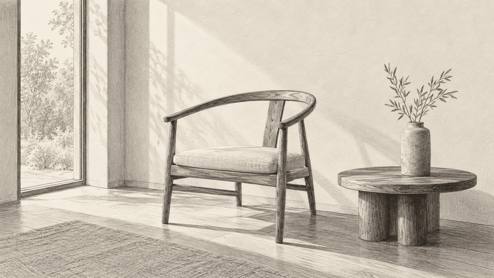 Original chair and side-table sketch used as a recreation reference