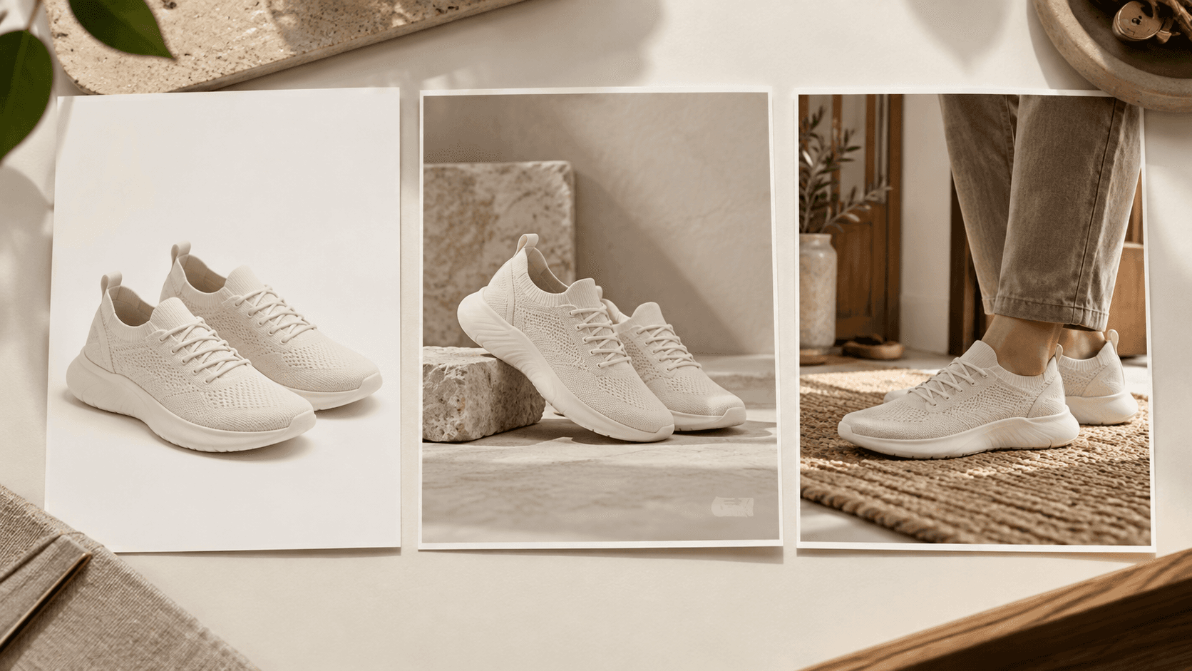 Off-white sneaker scene studies compare a packshot with studio and lifestyle settings