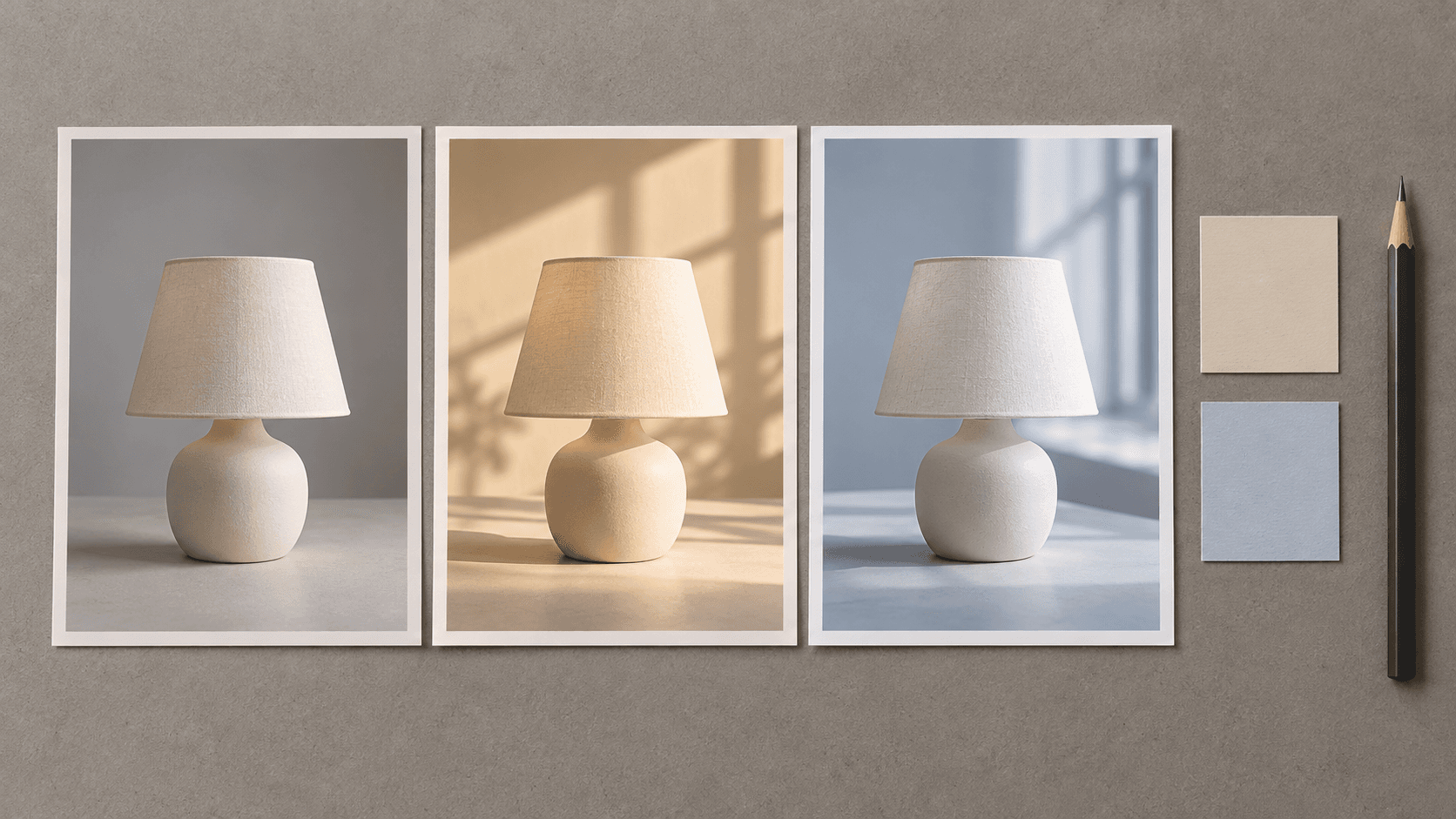 Three lamp scene studies compare neutral, warm and cool light while retaining the subject
