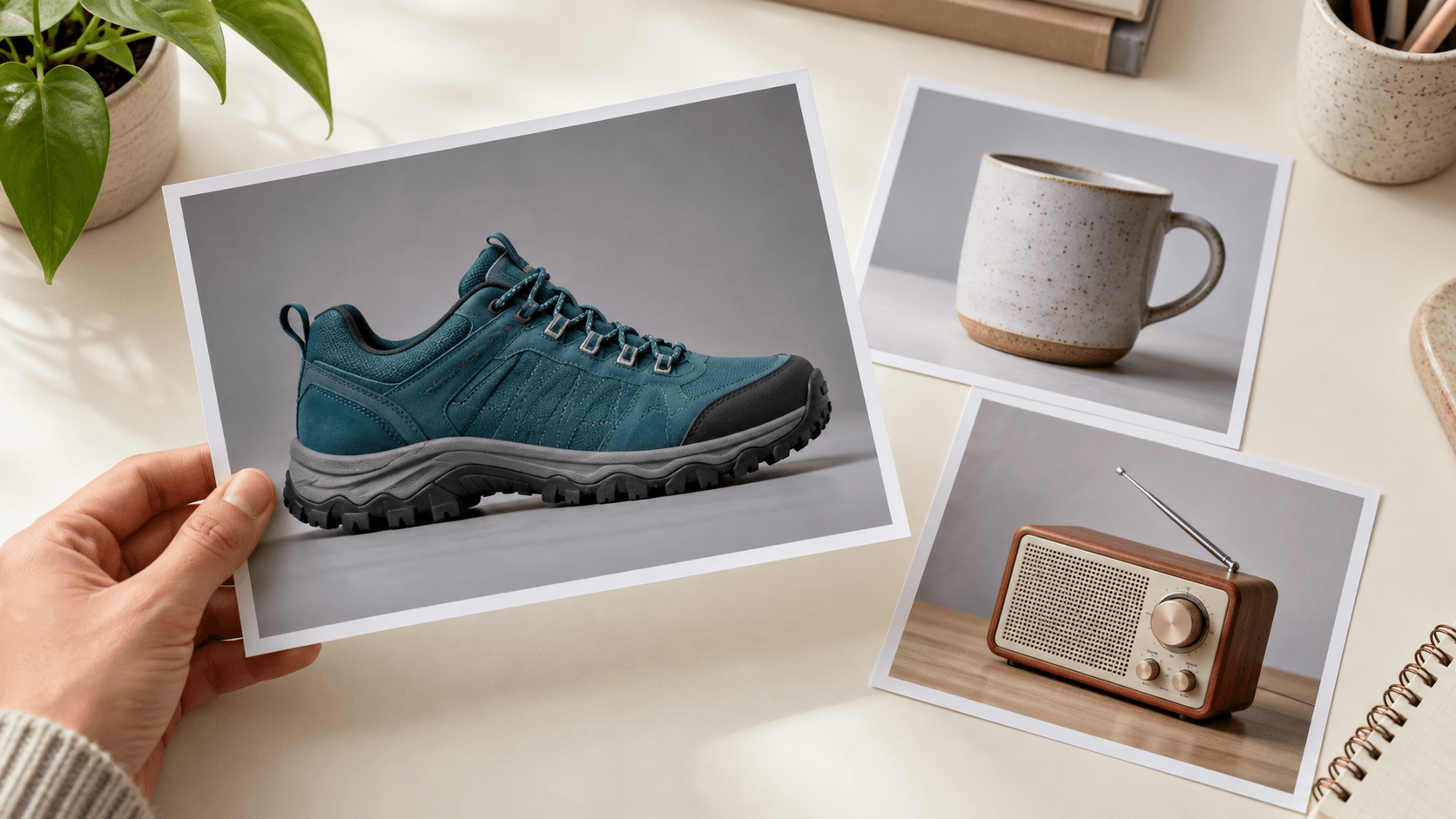 Choosing a clear shoe reference photograph from physical photo prints