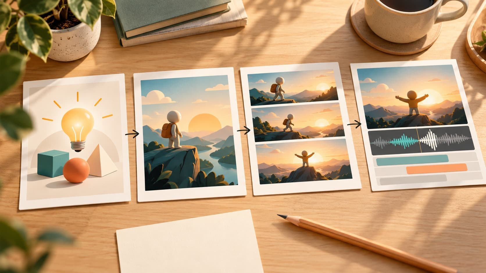 Concept storyboard workflow for an explainer video: script, visuals, clips and final edit