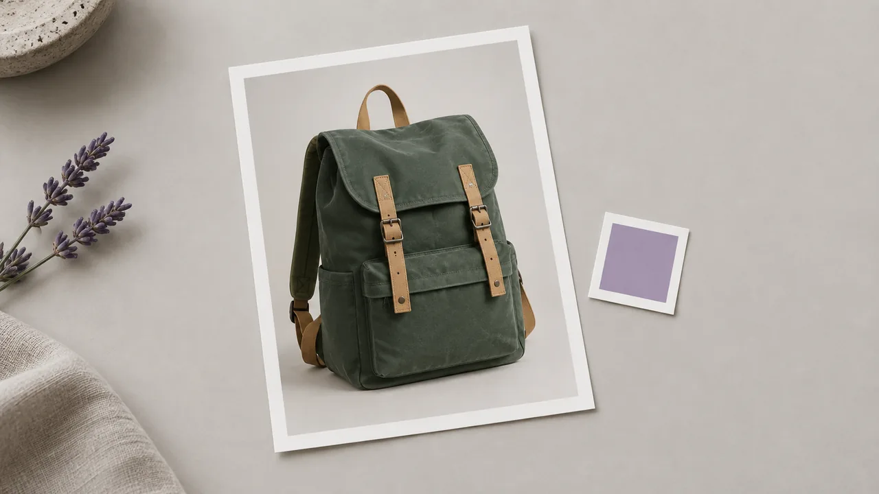Concept illustration: isolated print depicting an unbranded forest-green canvas backpack with tan straps