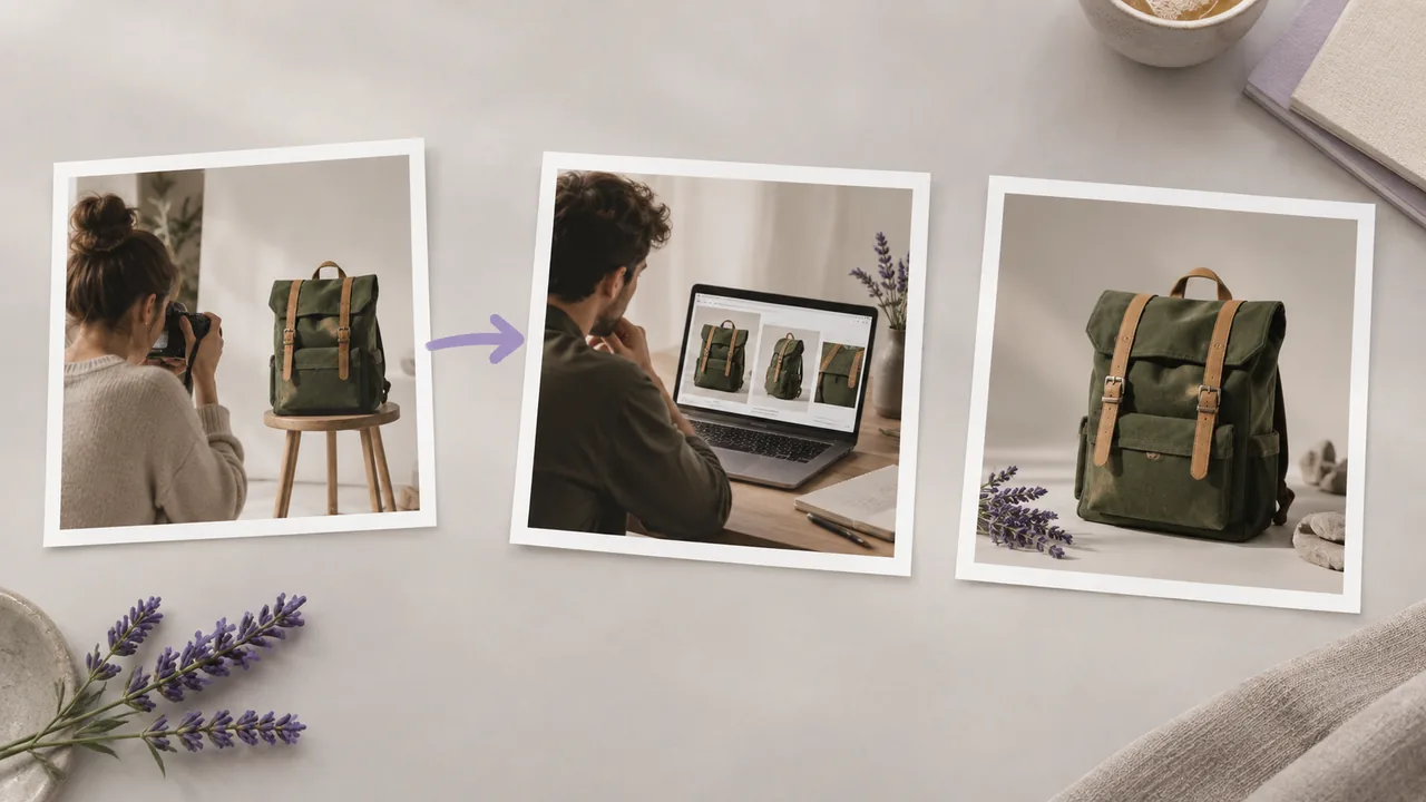 Concept illustration: A neatly arranged connected group of three prints depicting an unbranded forest-green canvas backpack with tan straps from different useful framings