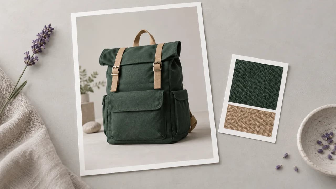 Concept illustration: source print of an unbranded forest-green canvas backpack with tan straps, with a small matching reference card beside it